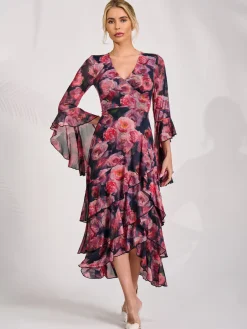Mesh Ruffle Sleeve Tiered Midaxi Dress, Red Floral