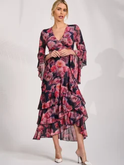 Mesh Ruffle Sleeve Tiered Midaxi Dress, Red Floral