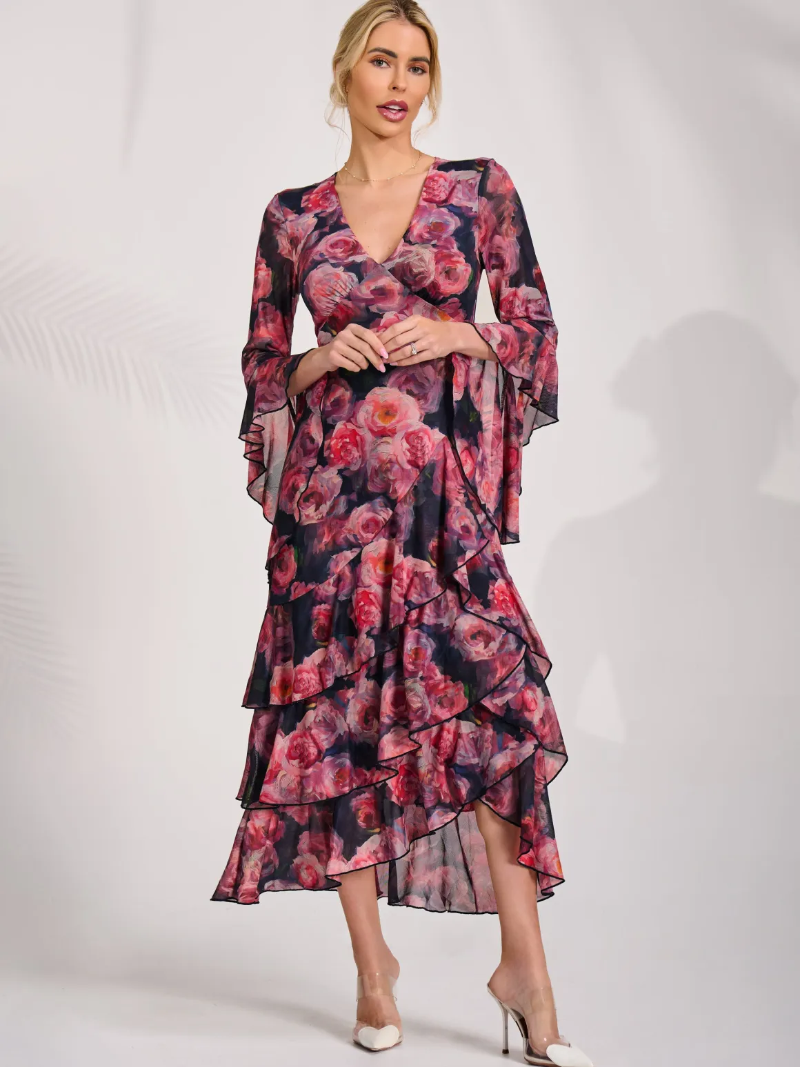 Mesh Ruffle Sleeve Tiered Midaxi Dress, Red Floral