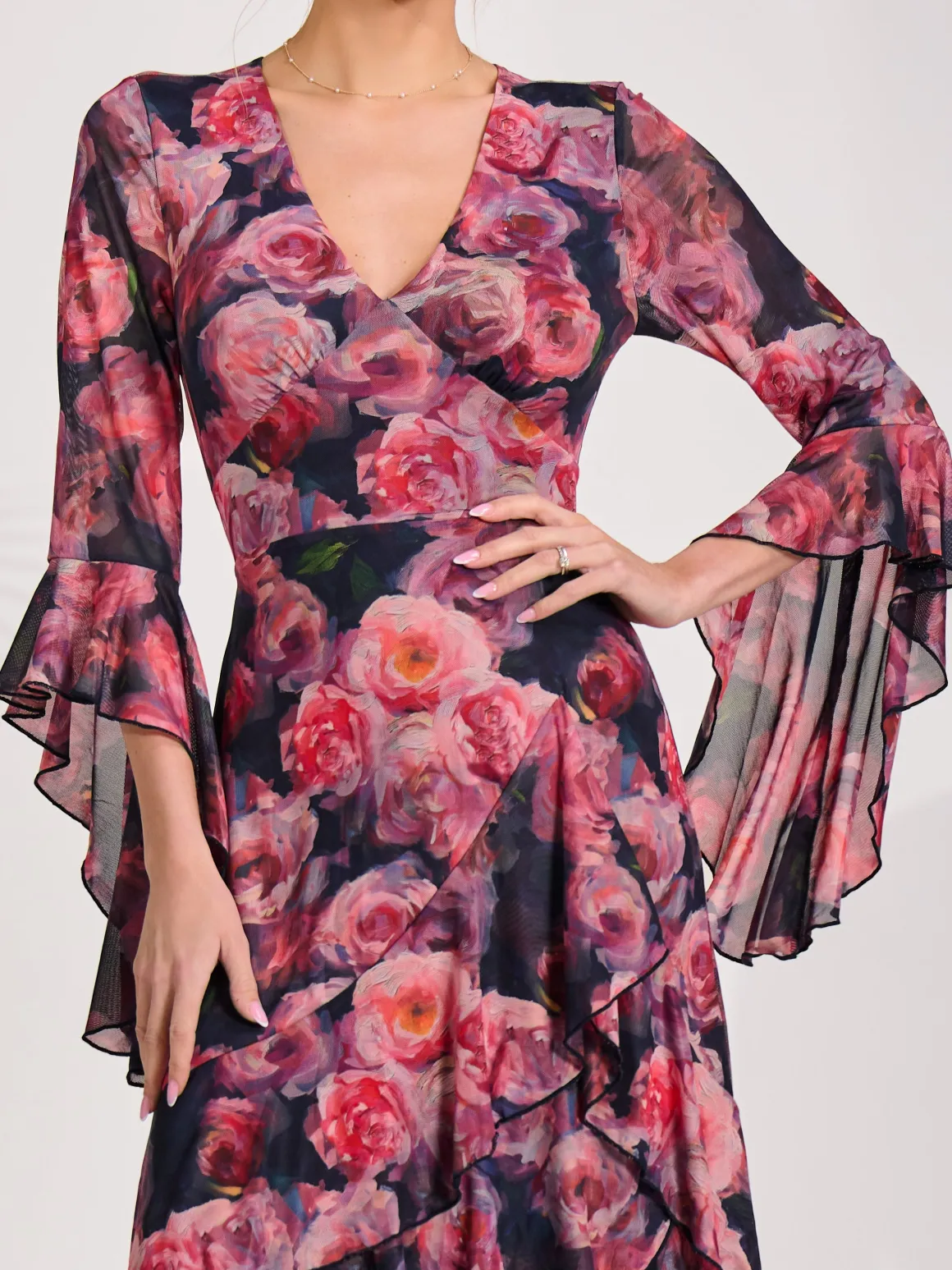 Mesh Ruffle Sleeve Tiered Midaxi Dress, Red Floral