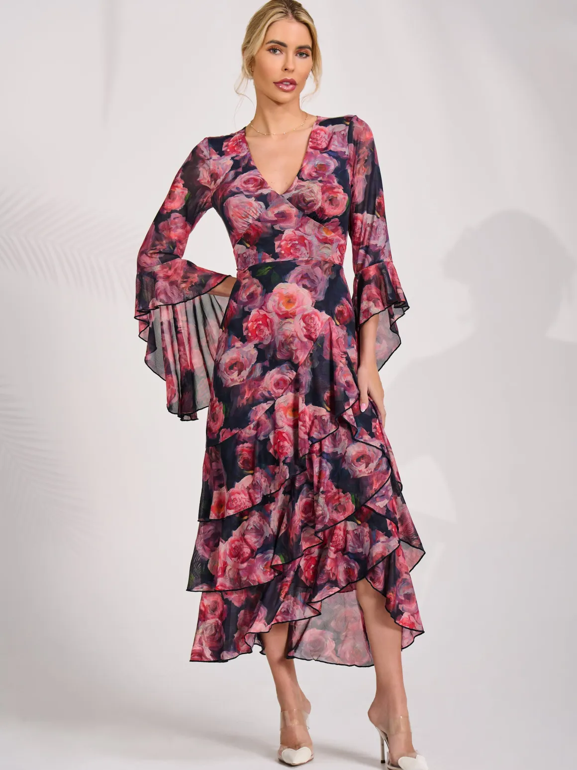 Mesh Ruffle Sleeve Tiered Midaxi Dress, Red Floral