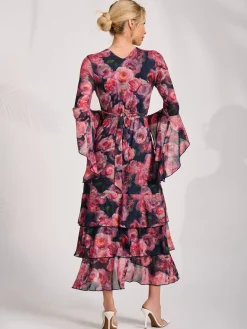 Mesh Ruffle Sleeve Tiered Midaxi Dress, Red Floral