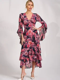 Mesh Ruffle Sleeve Tiered Midaxi Dress, Red Floral