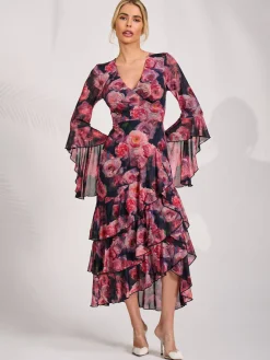 Mesh Ruffle Sleeve Tiered Midaxi Dress, Red Floral