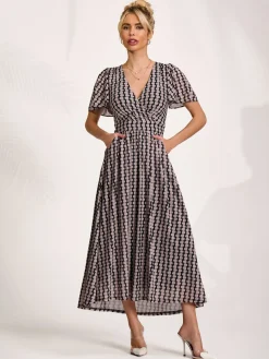 Mesh Short Sleeve Midaxi Dress, Black Geo