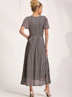 Mesh Short Sleeve Midaxi Dress, Black Geo