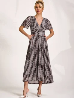 Mesh Short Sleeve Midaxi Dress, Black Geo