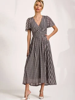 Mesh Short Sleeve Midaxi Dress, Black Geo