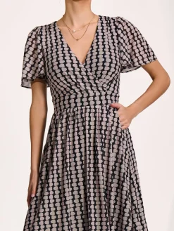 Mesh Short Sleeve Midaxi Dress, Black Geo