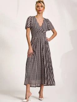 Mesh Short Sleeve Midaxi Dress, Black Geo