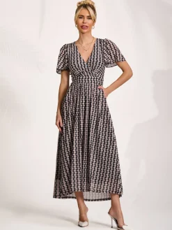 Mesh Short Sleeve Midaxi Dress, Black Geo