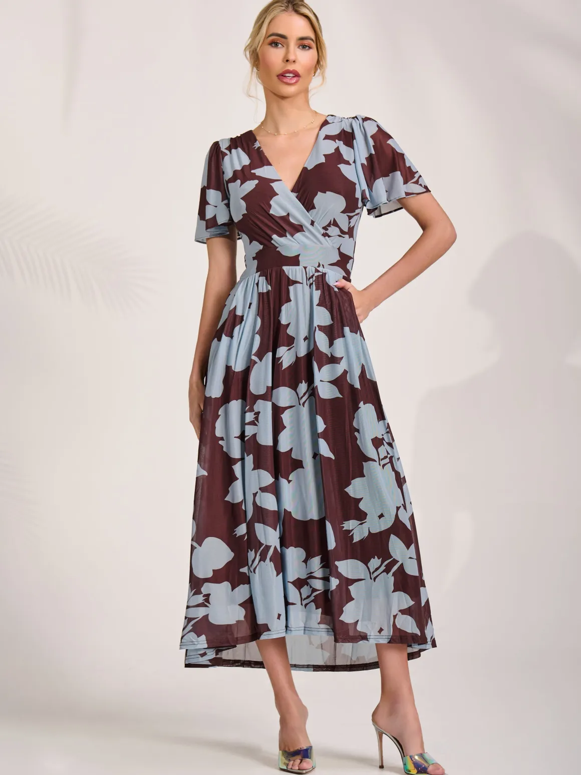 Mesh Short Sleeve Midaxi Dress, Brown Floral