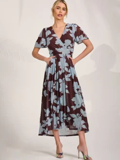 Mesh Short Sleeve Midaxi Dress, Brown Floral