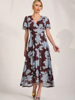 Mesh Short Sleeve Midaxi Dress, Brown Floral