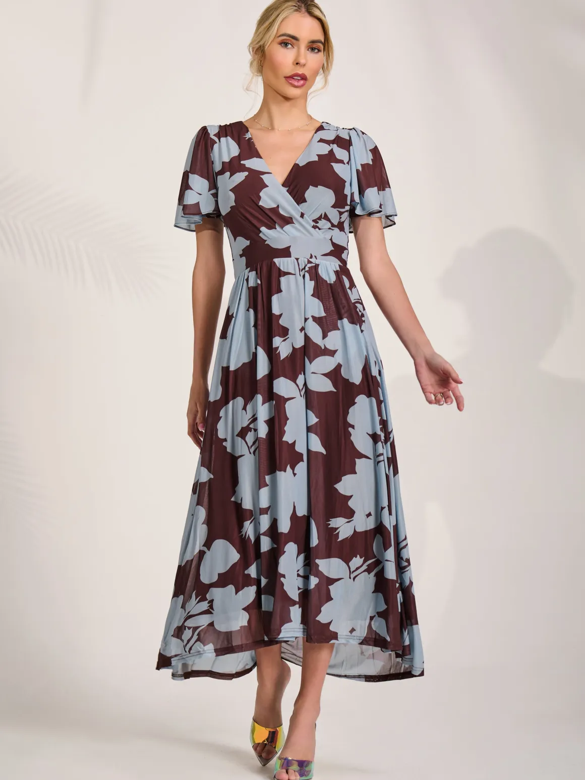 Mesh Short Sleeve Midaxi Dress, Brown Floral