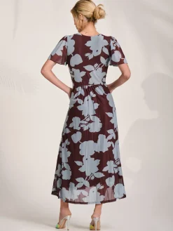 Mesh Short Sleeve Midaxi Dress, Brown Floral