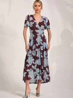 Mesh Short Sleeve Midaxi Dress, Brown Floral