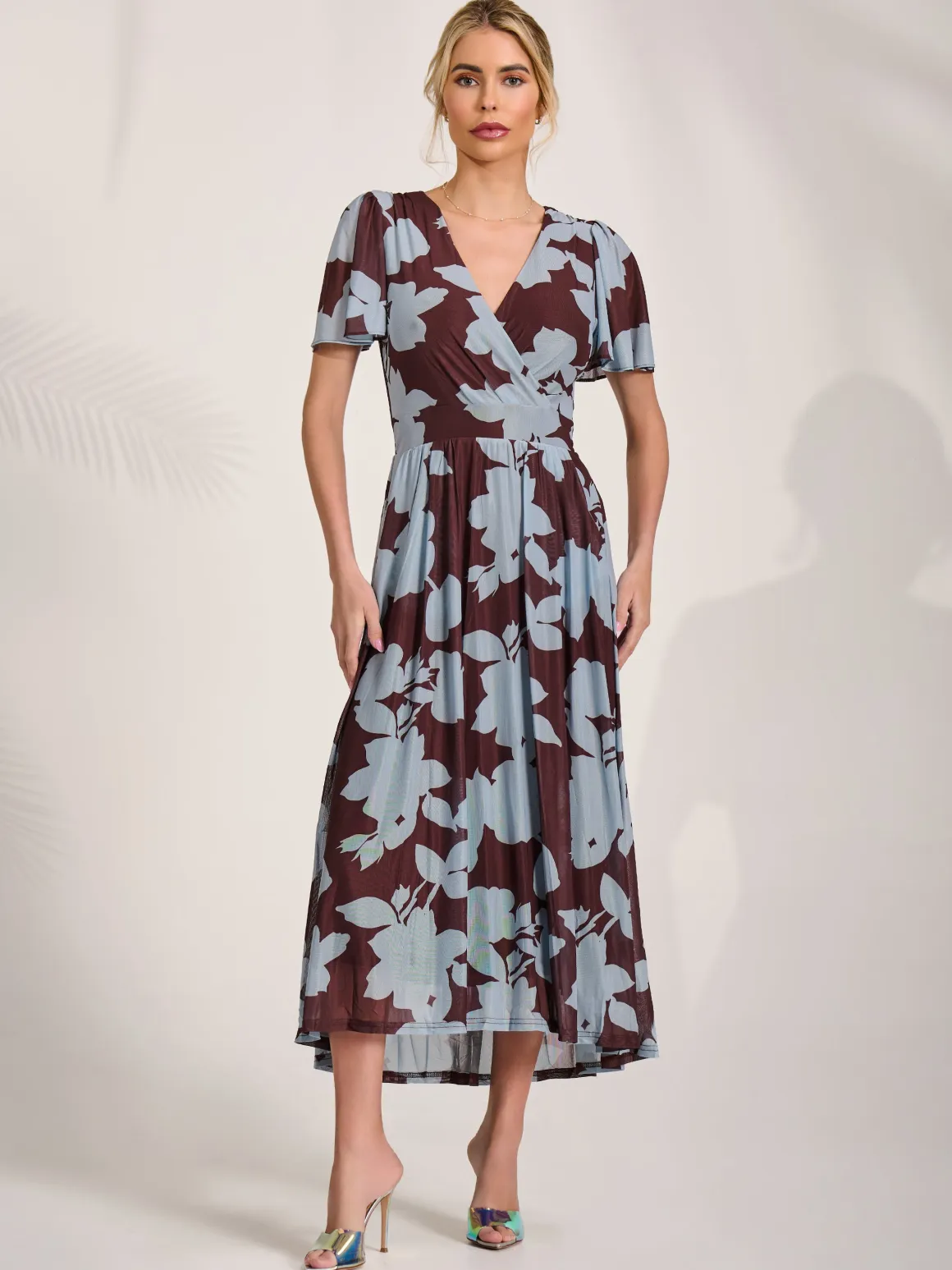 Mesh Short Sleeve Midaxi Dress, Brown Floral