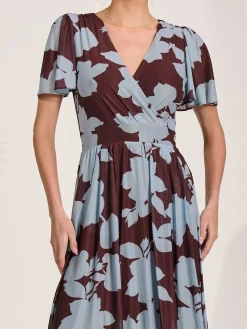 Mesh Short Sleeve Midaxi Dress, Brown Floral