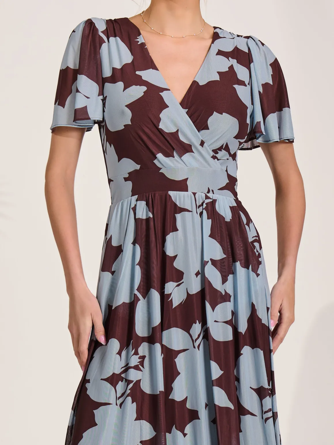 Mesh Short Sleeve Midaxi Dress, Brown Floral