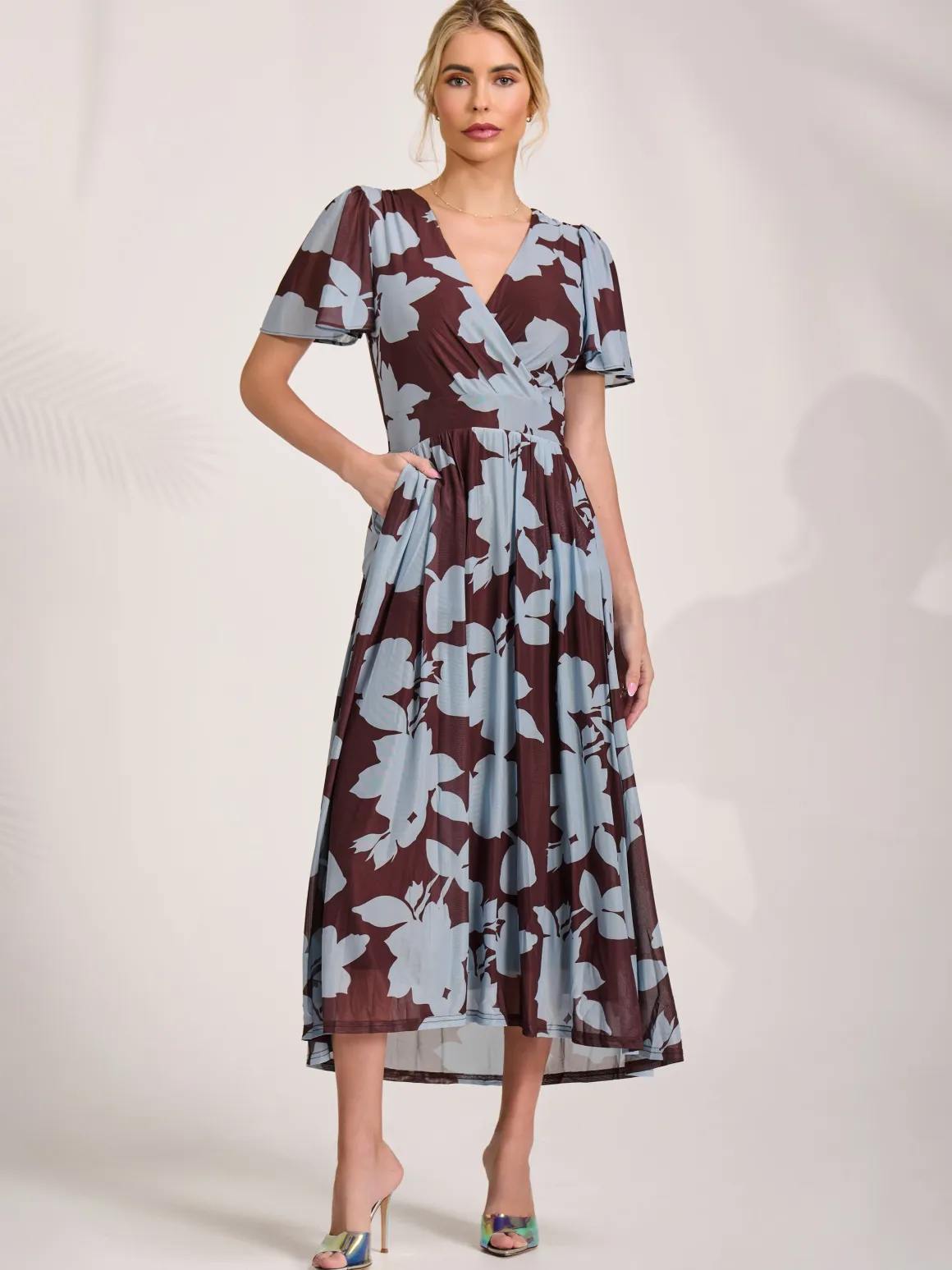 Mesh Short Sleeve Midaxi Dress, Brown Floral