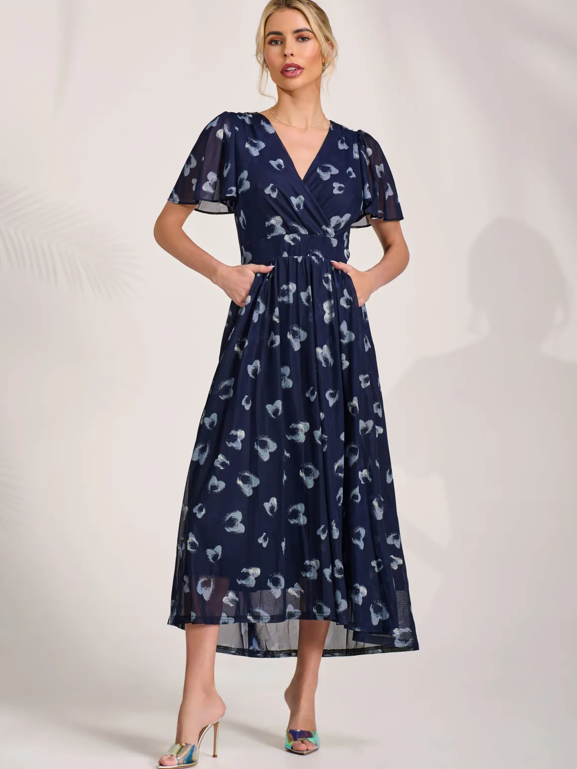 Mesh Short Sleeve Midaxi Dress, Navy Abstract