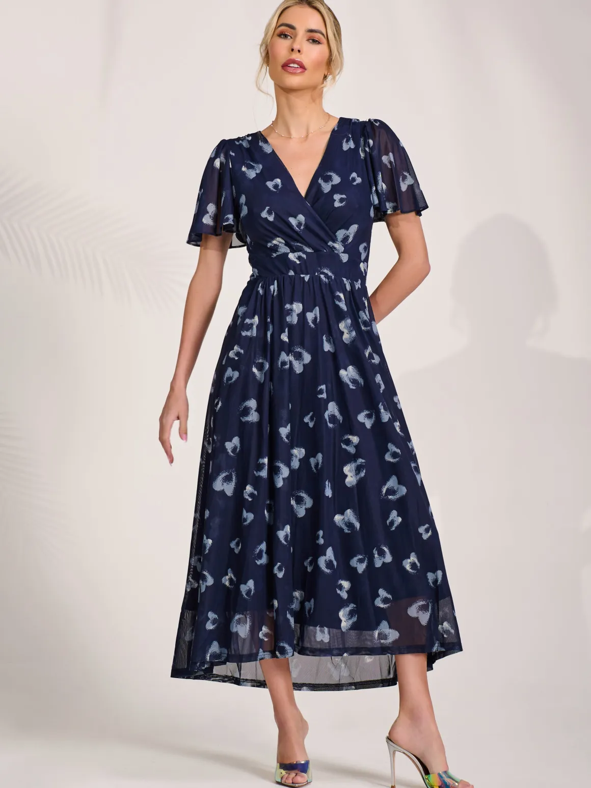Mesh Short Sleeve Midaxi Dress, Navy Abstract