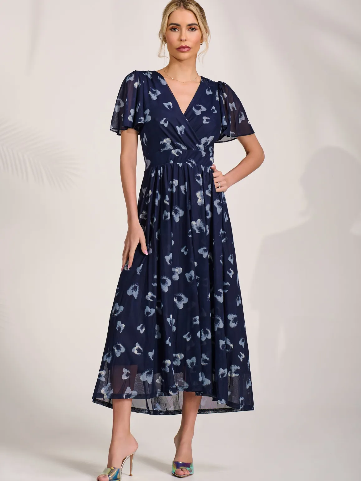 Mesh Short Sleeve Midaxi Dress, Navy Abstract