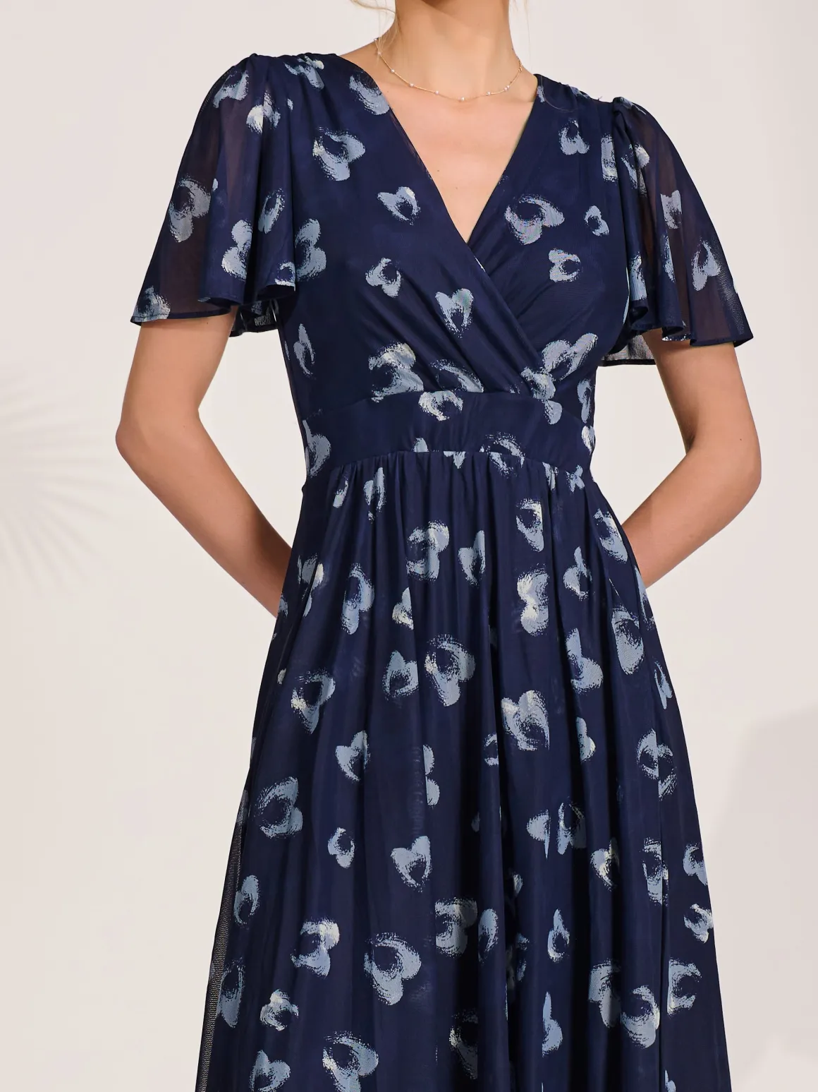Mesh Short Sleeve Midaxi Dress, Navy Abstract