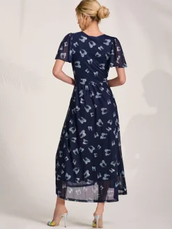 Mesh Short Sleeve Midaxi Dress, Navy Abstract