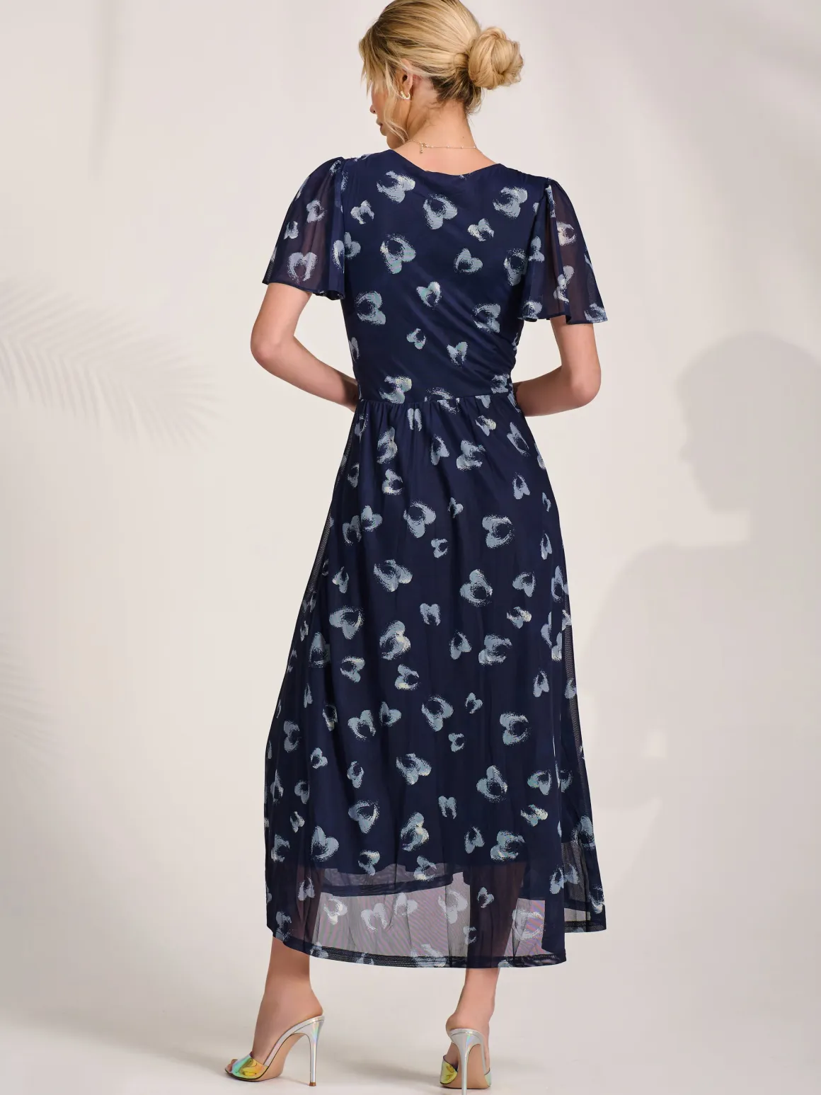 Mesh Short Sleeve Midaxi Dress, Navy Abstract