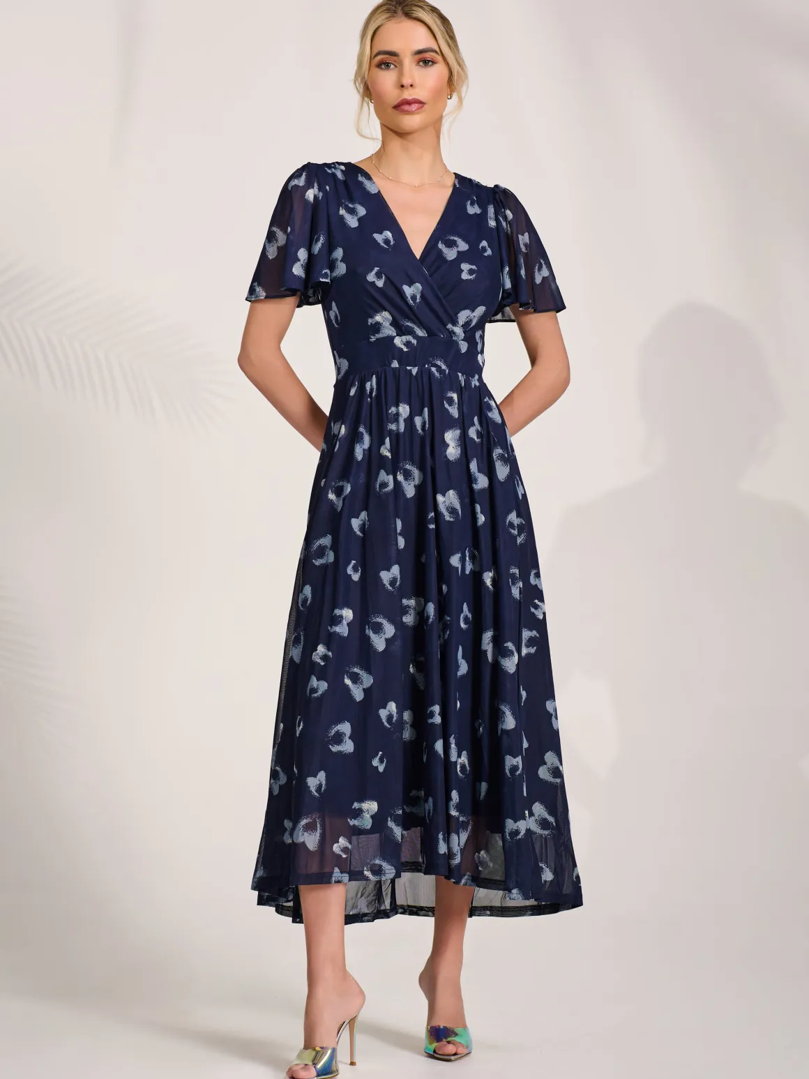Mesh Short Sleeve Midaxi Dress, Navy Abstract
