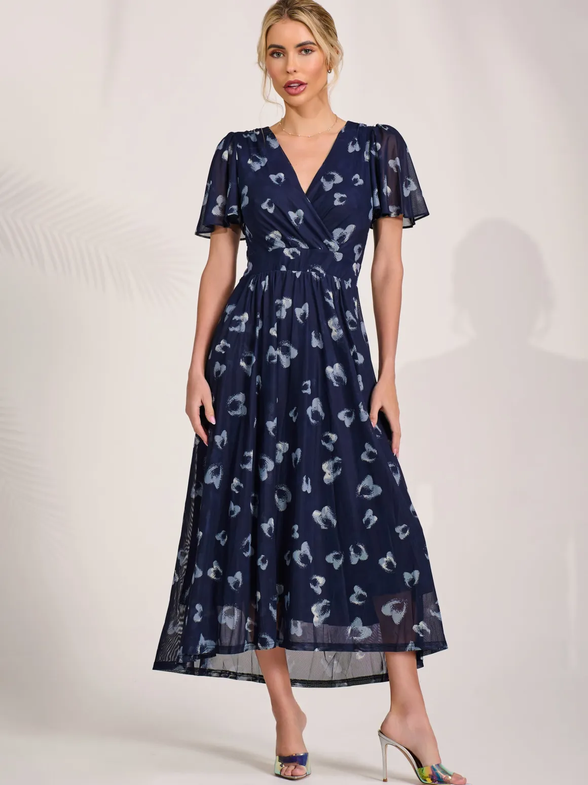 Mesh Short Sleeve Midaxi Dress, Navy Abstract