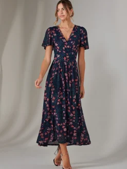 Mesh Short Sleeve Midaxi Dress, Navy Floral