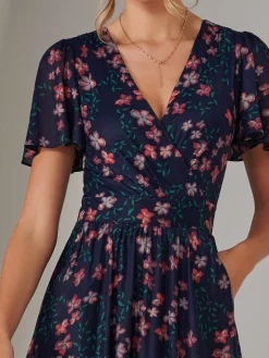 Mesh Short Sleeve Midaxi Dress, Navy Floral