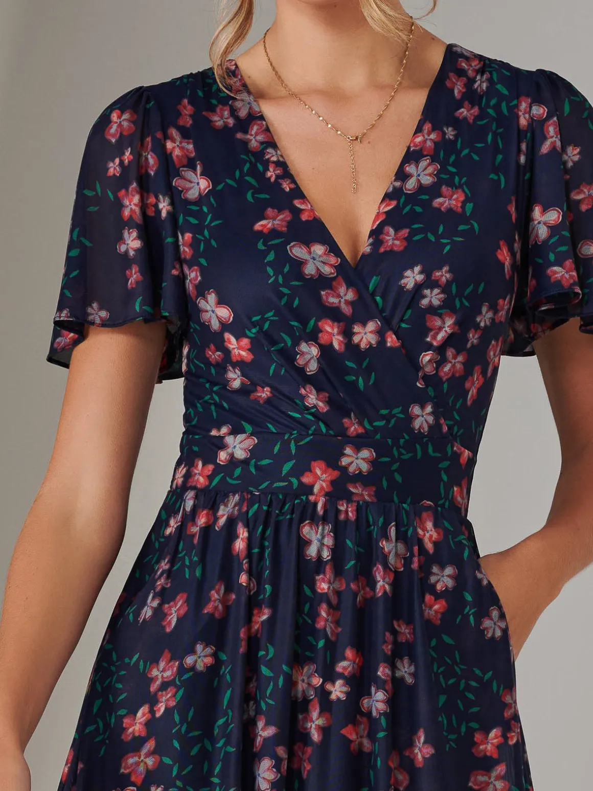 Mesh Short Sleeve Midaxi Dress, Navy Floral