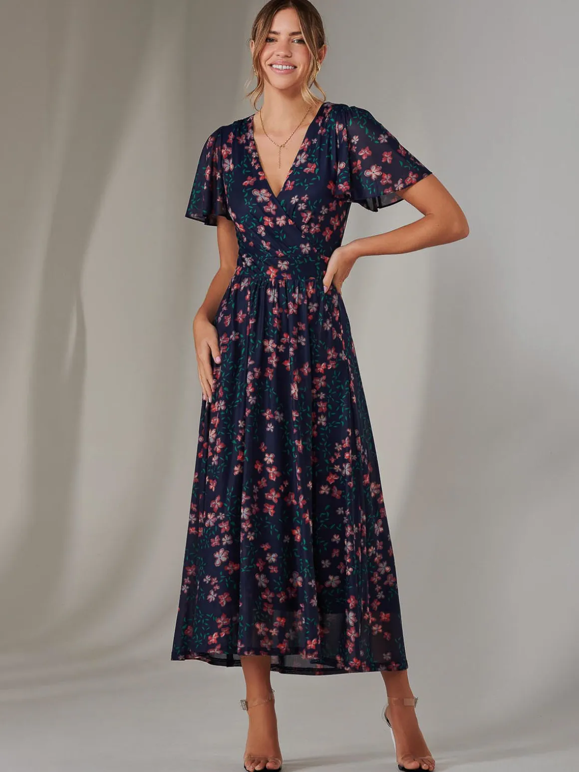 Mesh Short Sleeve Midaxi Dress, Navy Floral