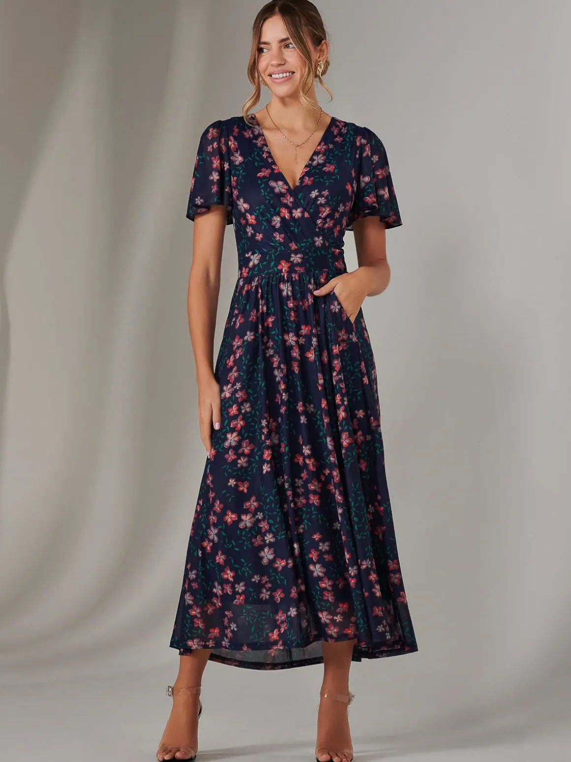 Mesh Short Sleeve Midaxi Dress, Navy Floral