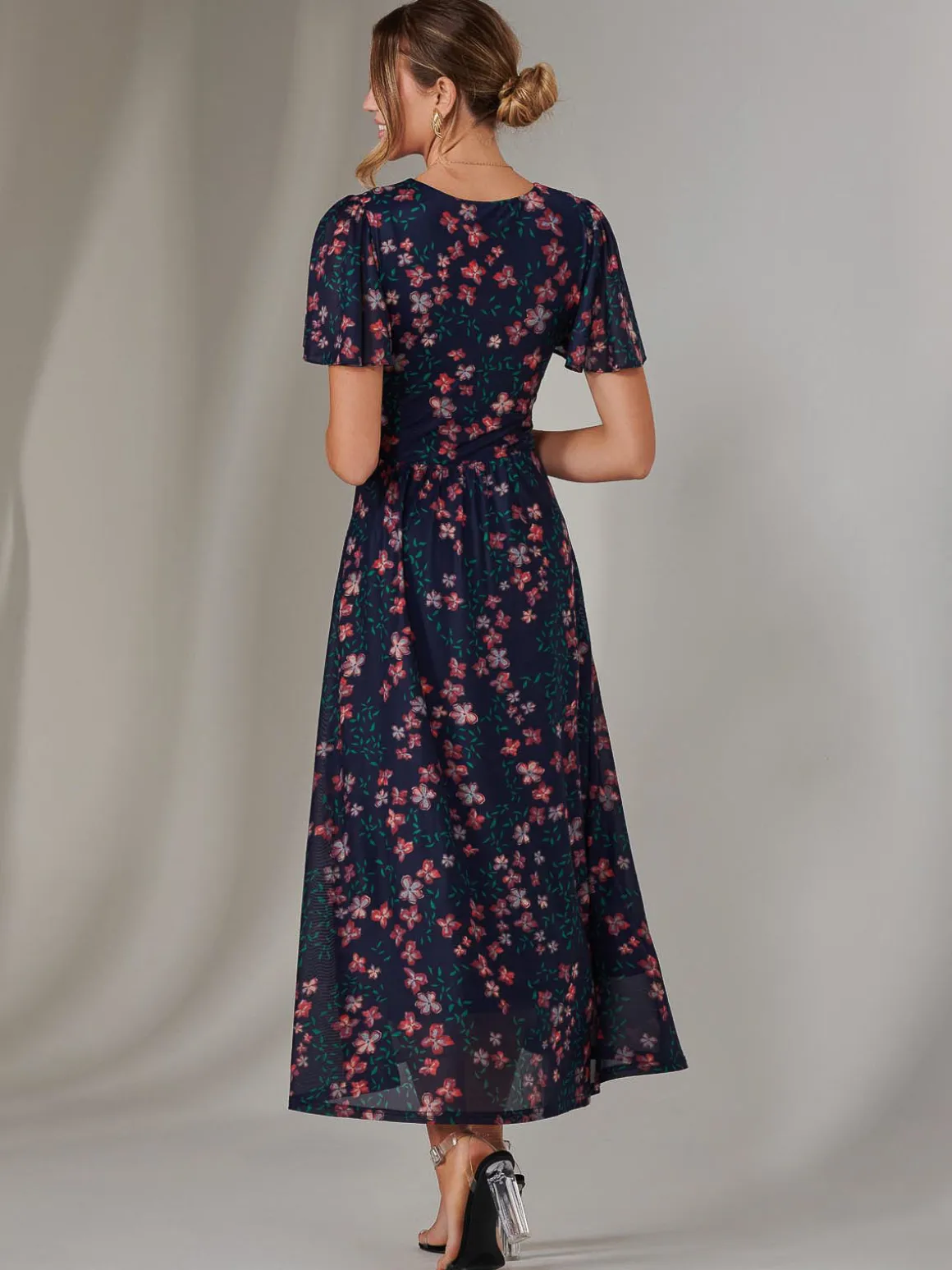 Mesh Short Sleeve Midaxi Dress, Navy Floral