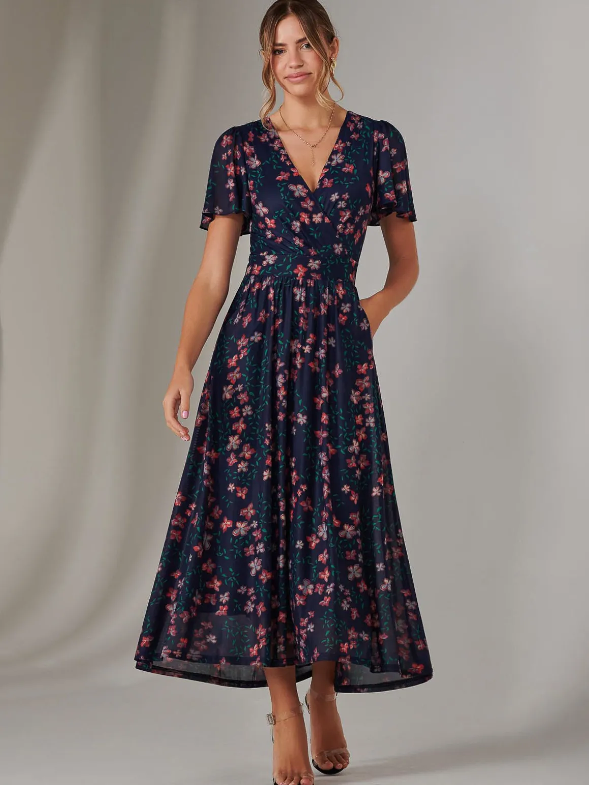 Mesh Short Sleeve Midaxi Dress, Navy Floral