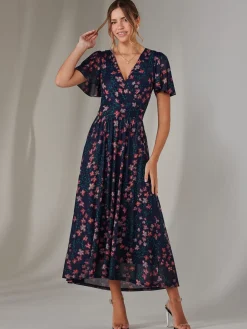 Mesh Short Sleeve Midaxi Dress, Navy Floral