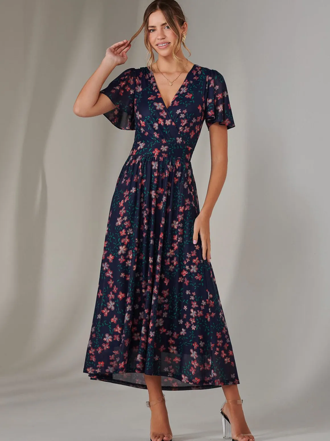 Mesh Short Sleeve Midaxi Dress, Navy Floral