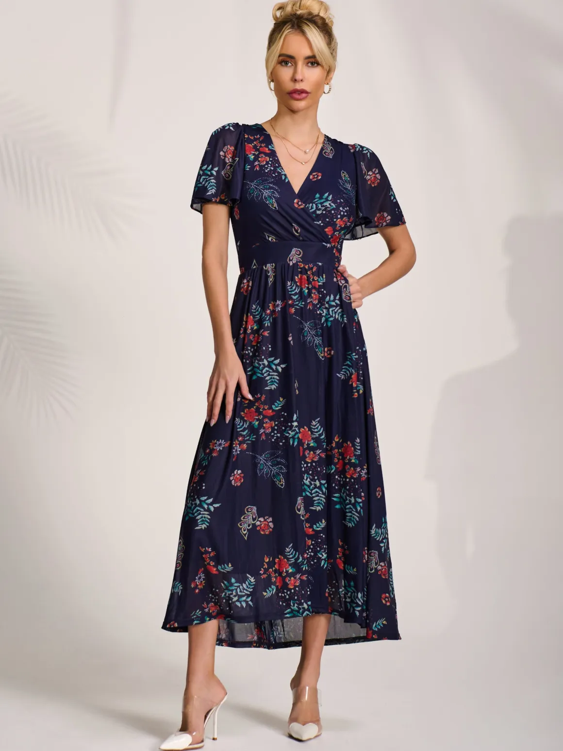 Mesh Short Sleeve Midaxi Dress, Navy Orange Multi