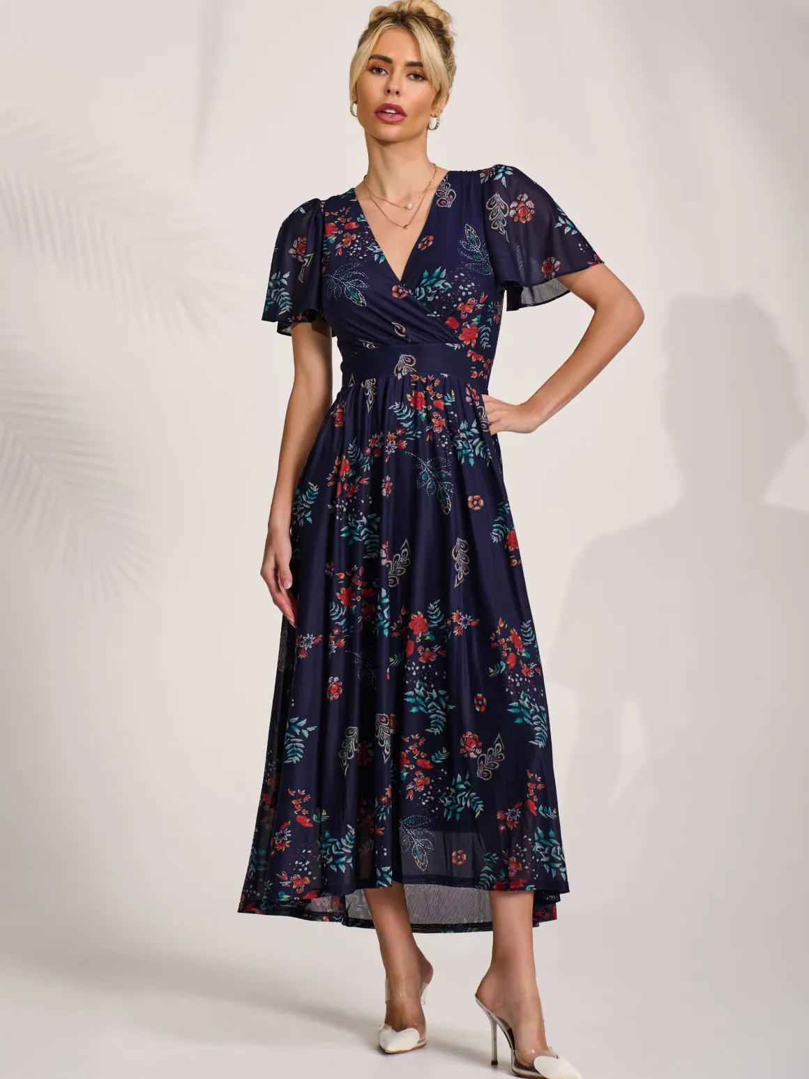 Mesh Short Sleeve Midaxi Dress, Navy Orange Multi