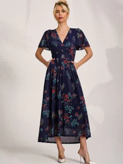 Mesh Short Sleeve Midaxi Dress, Navy Orange Multi