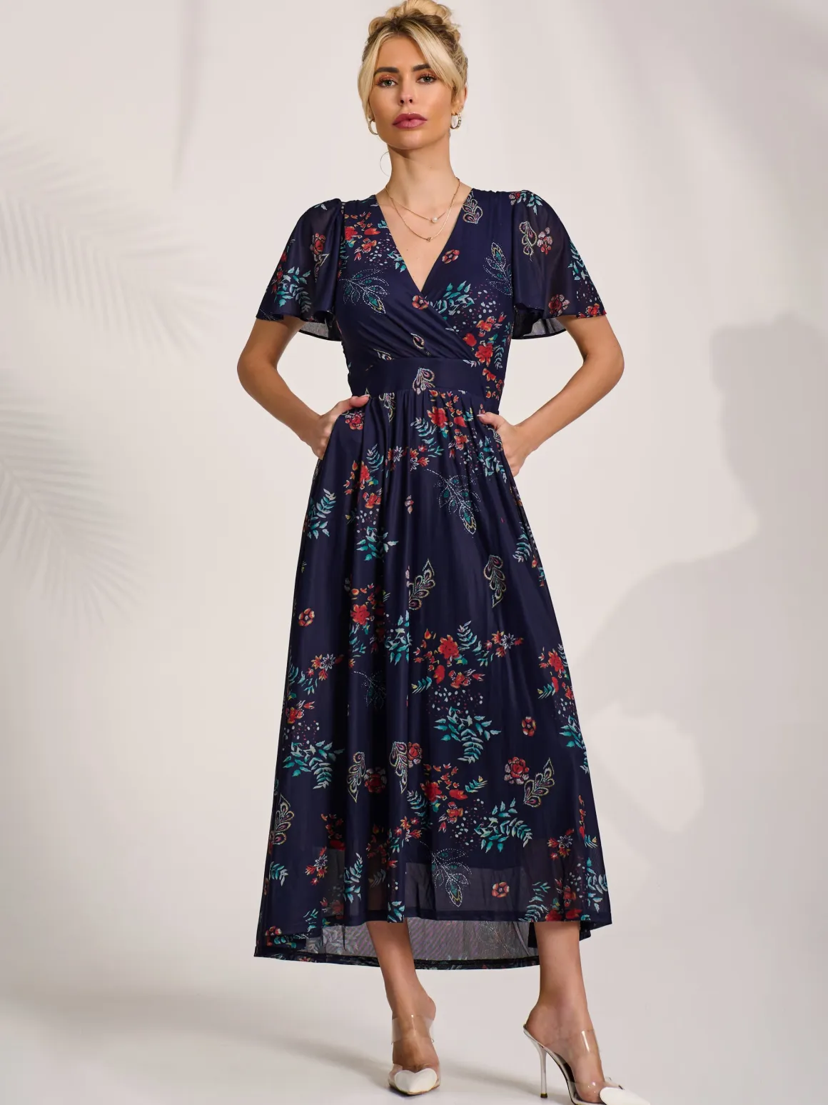 Mesh Short Sleeve Midaxi Dress, Navy Orange Multi