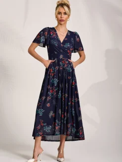 Mesh Short Sleeve Midaxi Dress, Navy Orange Multi