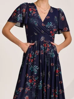 Mesh Short Sleeve Midaxi Dress, Navy Orange Multi