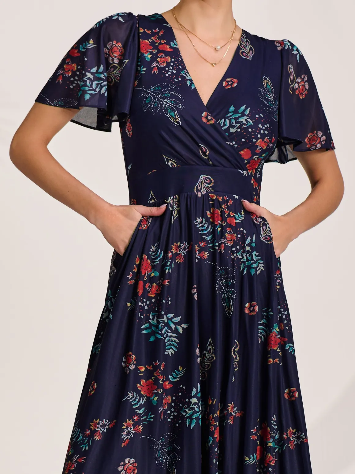 Mesh Short Sleeve Midaxi Dress, Navy Orange Multi