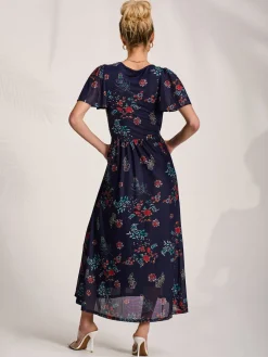 Mesh Short Sleeve Midaxi Dress, Navy Orange Multi